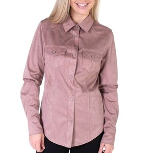 Guess Women's Mauve Pink Faux Suede Button-Up Shirt Sz M
